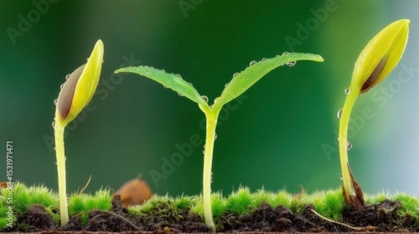Fototapeta Three Sprouting Seedlings in Arc Formation with Water Droplets - Blurred Background, High-Resolution Nature Macro, Soft Shadows