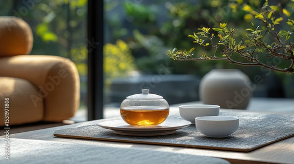 Fototapeta Serene setting with glass teapot and two cups on wooden tray, bathed in natural light, creates peaceful atmosphere. background features cozy sofa and lush greenery