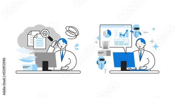 Obraz Concept: Problem Solving.  Cartoon character heads of People using AI. Includes face profiles, avatars, and icons. Close-up illustrations of AI Problem Solving.