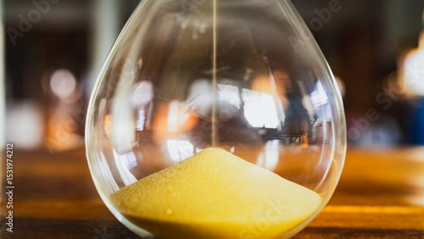 Fototapeta Hourglass with focus on sand on which side is placed on table. Concept of spending time relaxing with nature, caring for the environment.