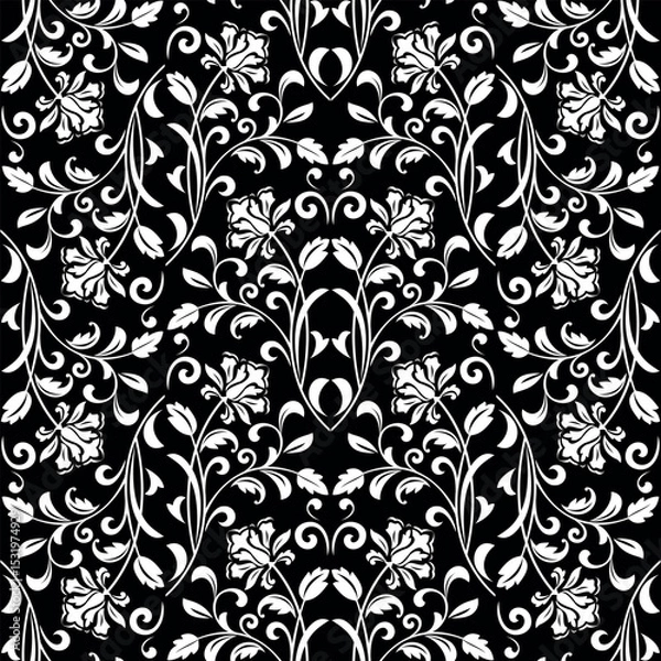 Obraz Flower pattern. Seamless white and black ornament. Graphic vector background.