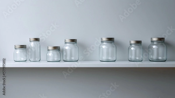 Obraz Glass jars varying in size, featuring metal lids, positioned neatly on white shelving against minimalist gray background, showcasing organizational simplicity