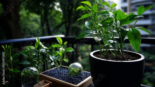 Obraz Seedlings are growing in soil with growth compared to year 2021-2022 and light bulb for innovations and ideas for the new year. Development to success in year 2022. 