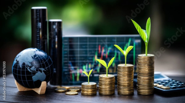 Obraz  Seedling are growing from soil with growth comparative year 2020 to 2021. Concept of business growth, profit, agriculture, development and success	
graph.