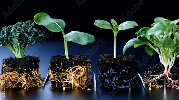 Obraz Fertilization and the role of nutrients in plant life. Soil with digital mineral nutrients icon.