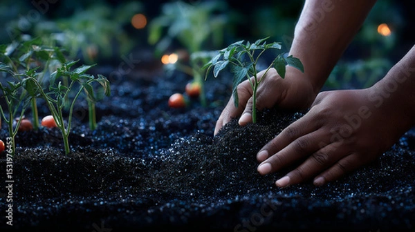 Obraz Fertilization and the role of nutrients in plant life. Soil with digital mineral nutrients icon.