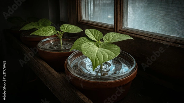 Obraz Microelements for plants nutrition.Factors necessary for the process of plant growth and development.Young beans plant on sunny background with digital mineral nutrients icon.