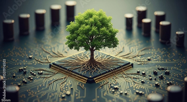 Fototapeta Digital Tree Growing From Circuit Board Depicting Technological And Environmental Integration