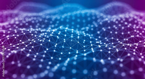 Fototapeta Abstract Digital Network Structure With Illuminated Connected Nodes Over Purple And Blue Gradient Background