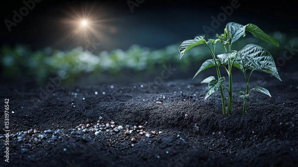 Obraz Microelements for plants nutrition.Factors necessary for the process of plant growth and development.Young beans plant on sunny background with digital mineral nutrients icon.