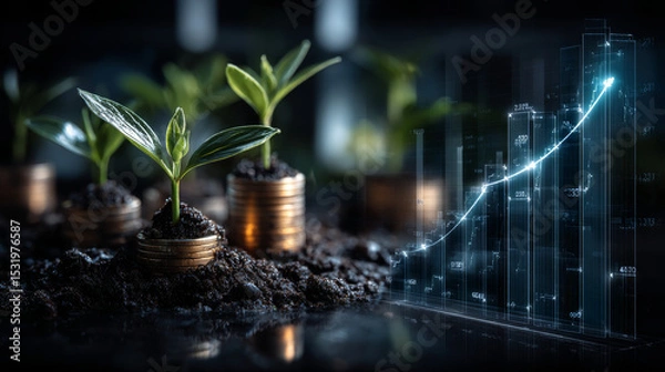 Obraz Seedling are growing from the rich soil with digital graph. Concept of business growth, profit, development and success.	
