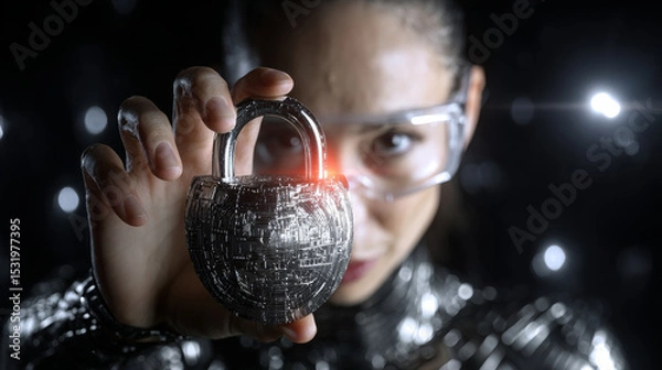 Obraz Cybernetic attack security, banking and Personal data. Protecting herself from cyber attacks. Cyber security firewall interface protection concept.	