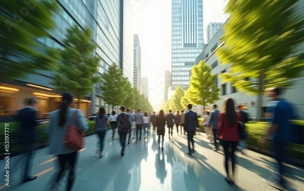 Obraz Sustainability in business center concept, business people crowd walking at corporate office in green city downtown, Abstract motion blur image, blurred background, Generative AI. High quality