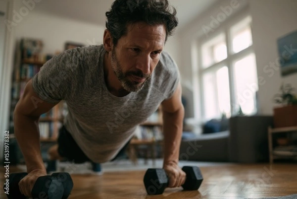Fototapeta Man exercising working out at home