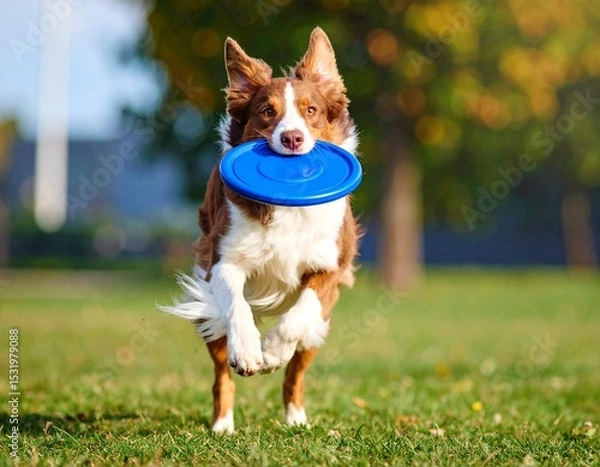 Fototapeta dog running with a disc for disk; funny pet playing