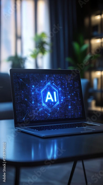 Fototapeta Laptop displaying glowing AI symbol on screen sits on table in modern, dimly lit room with plants and shelves in background