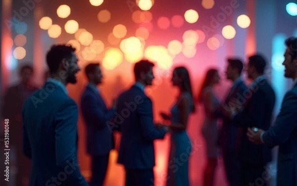 Fototapeta A vibrant networking event with business professionals engaging in conversation, blurred figures creating a sense of motion and activity. High quality