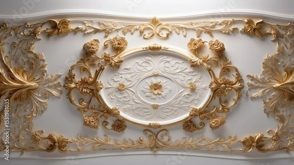 Obraz White and Gold Ornate Ceiling Panel Decoration Design Element Idea