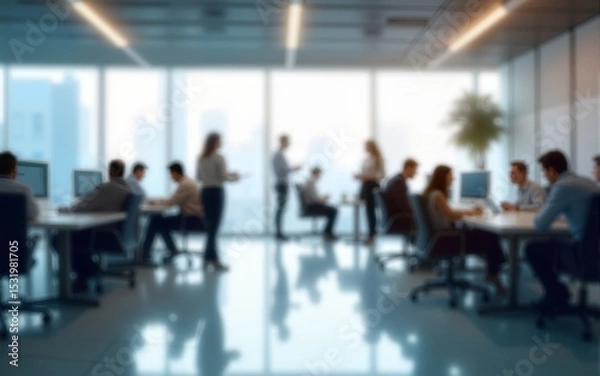 Fototapeta Abstract blurred interior modern office space with business people working banner background with copy space. High quality