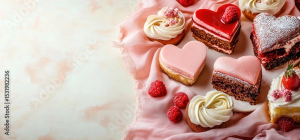 Fototapeta Heart shaped cakes and cupcakes with pink and red frosting are beautifully arranged on soft pink cloth, surrounded by fresh raspberries and strawberries, creating romantic and sweet atmosphere