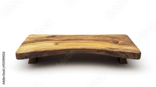 Fototapeta Rectangular, rustic wooden serving tray with natural, slightly curved edges and two small, dark wood legs, isolated on a white background