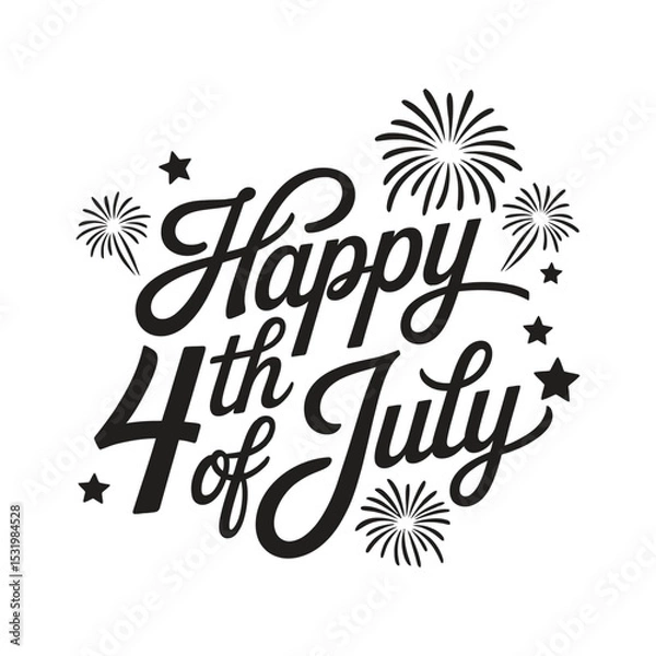 Fototapeta Happy 4th of July Black and White Typography with Stars and Fireworks

