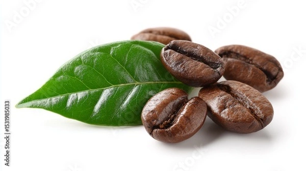 Fototapeta coffee beans with a green leaf - isolated on white background