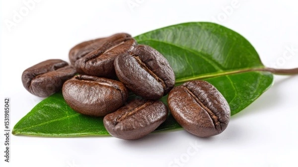 Fototapeta coffee beans with a green leaf - isolated on white background