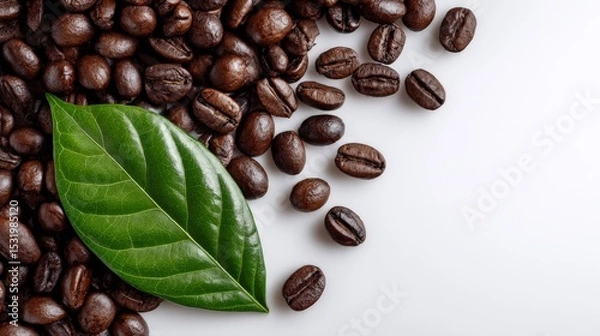 Fototapeta coffee beans with a green leaf - isolated on white background