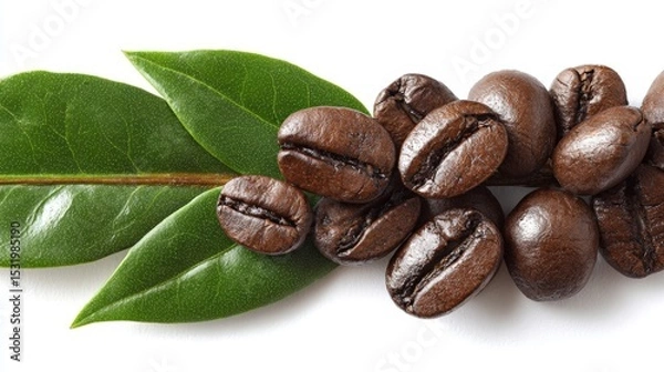 Fototapeta coffee beans with a green leaf - isolated on white background