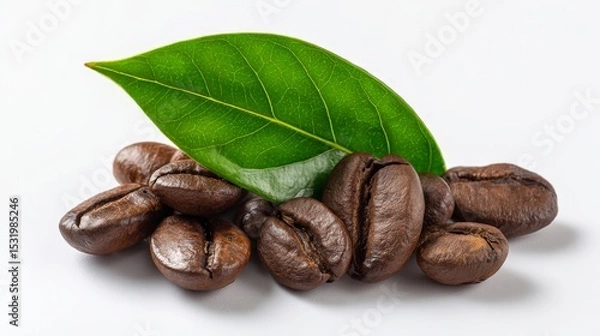 Fototapeta coffee beans with a green leaf - isolated on white background