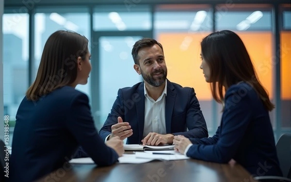 Fototapeta Corporate collaboration: business professionals in discussion at table with abstract blurred office background in blue and orange hues. High quality