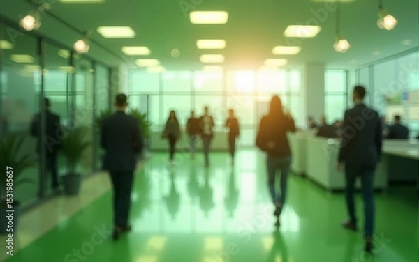 Fototapeta people walking on green office space, motion blur effect, environment concept, Bright business workplace with people in walking in blurred motion in modern office space. High quality