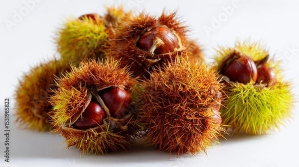 Fototapeta ripe chestnuts on white studio background