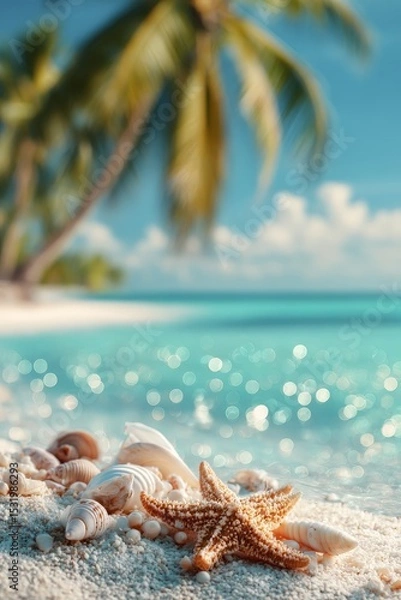 Fototapeta tropical beach with seashells and a starfish on white sand
