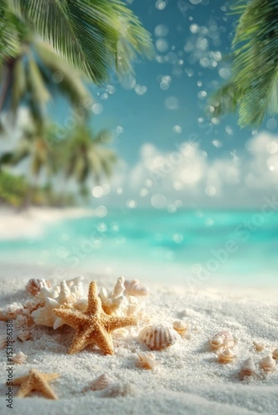 Fototapeta tropical beach with seashells and a starfish on white sand