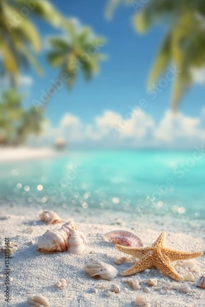 Fototapeta tropical beach with seashells and a starfish on white sand