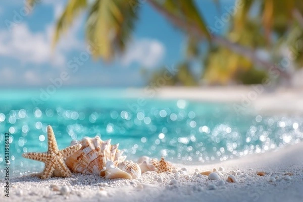 Fototapeta tropical beach with seashells and a starfish on white sand