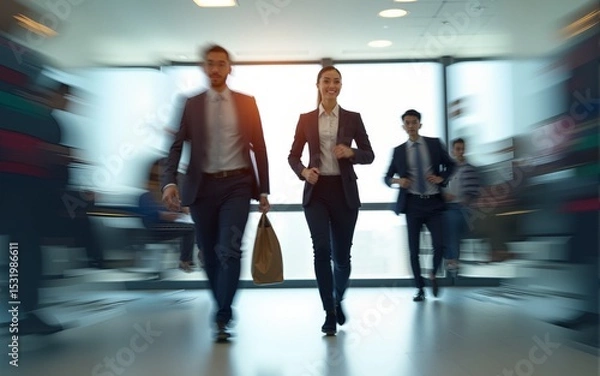 Fototapeta Corporate, busy and motion blur with business people in an office boardroom for planning or strategy. Meeting, management or walking with a man and woman employee group rushing to attend a workshop