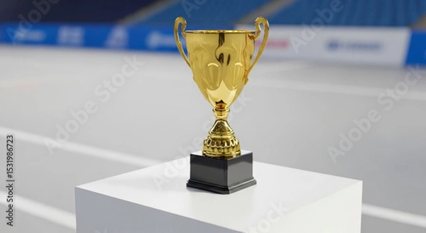 Fototapeta Gold Trophy On A White Podium In An Arena Setting With Blurred Background and Sports Elements