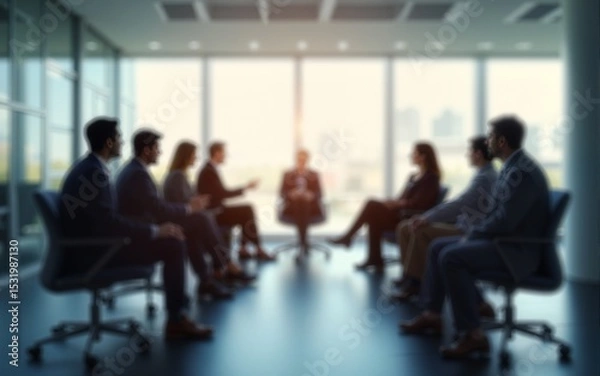 Fototapeta Blurred business people meeting in office interior with space for business brainstorming background design. High quality