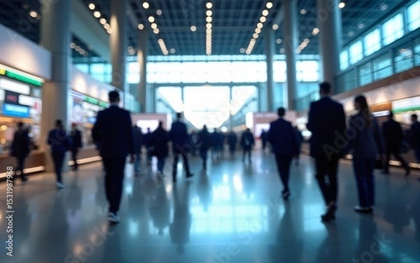 Fototapeta blurred business people walking at a trade fair, conference or walking in a modern hall, motion speed blur,  wide panoramic banner. High quality