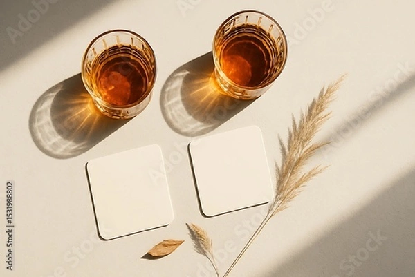 Fototapeta Two Amber Drinks with Square Coasters and Dried Pampas Grass in Sunlight - Beverage Mockup Flat Lay - Elegant Still Life
