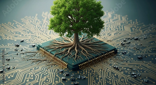 Fototapeta Digital Green Tree Rooted on Circuit Board Illustrating Technology and Nature Fusion