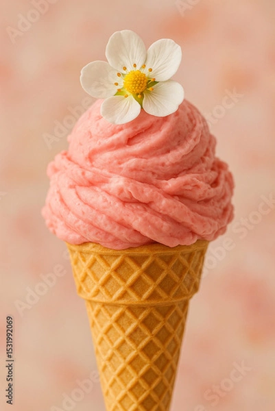 Fototapeta Strawberry Ice Cream Cone Topped with White Flower on Soft Pink Background

