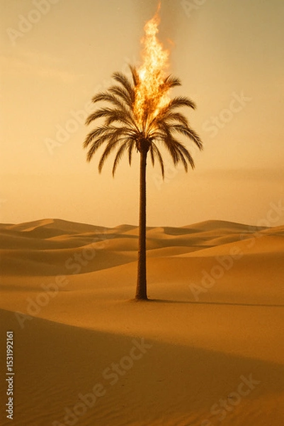 Fototapeta Surreal Burning Palm Tree in Desert Landscape with Golden Sand Dunes
