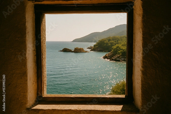 Fototapeta Framed Coastal View of Turquoise Sea and Islands Through Ancient Stone Window
