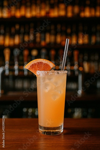 Fototapeta Fresh Grapefruit Cocktail Served on Wooden Bar with Ice and Slice Garnish
