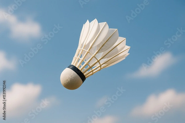 Fototapeta Shuttlecock in Mid-Air Against a Bright Blue Sky with Soft Clouds
