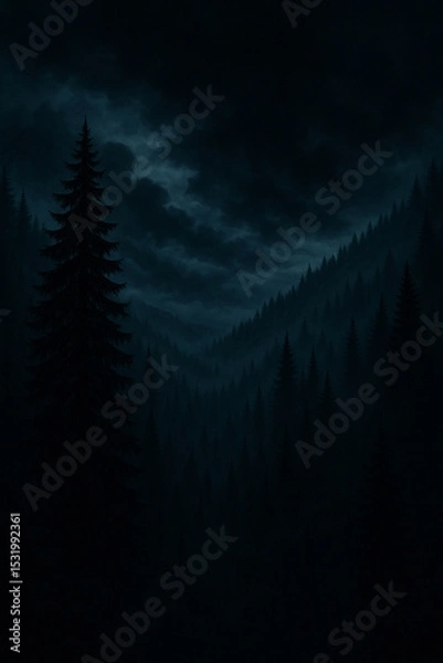Fototapeta Moody Dark Forest with Pine Trees Under Stormy Sky at Dusk
